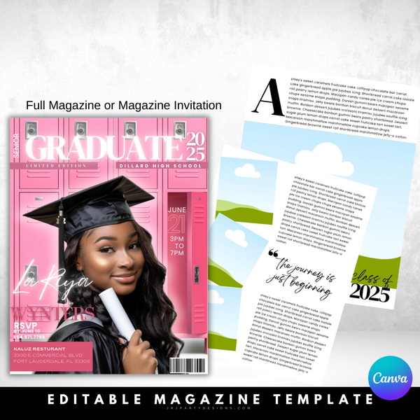 editable graduation magazine, canva graduation template, graduation party invitation, prom flyer template, digital magazine template, graduation keepsake, birthday magazine cover, editable flyer, graduation announcement, canva invitation template, instant download invitation, printable party invitation