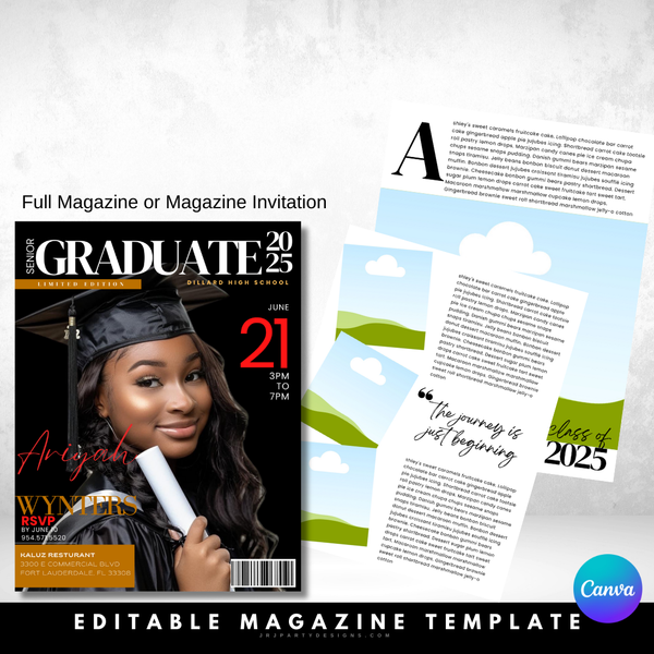 editable graduation magazine, canva graduation template, graduation party invitation, prom flyer template, digital magazine template, graduation keepsake, birthday magazine cover, editable flyer, graduation announcement, canva invitation template, instant download invitation, printable party invitation