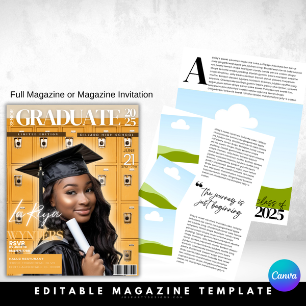 editable graduation magazine, canva graduation template, graduation party invitation, prom flyer template, digital magazine template, graduation keepsake, birthday magazine cover, editable flyer, graduation announcement, canva invitation template, instant download invitation, printable party invitation