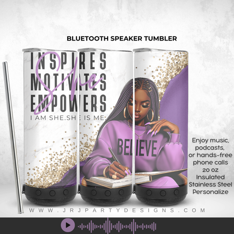 20oz Stainless Steel Tumbler, Bluetooth Speaker Tumbler, Bluetooth Tumbler, Speaker Tumbler, Custom Tumbler, Journalling inspiration, I am She She is Me, I am Her, Inspirational Tumbler, Motivational Tumbler, Christian Tumbler Wrap