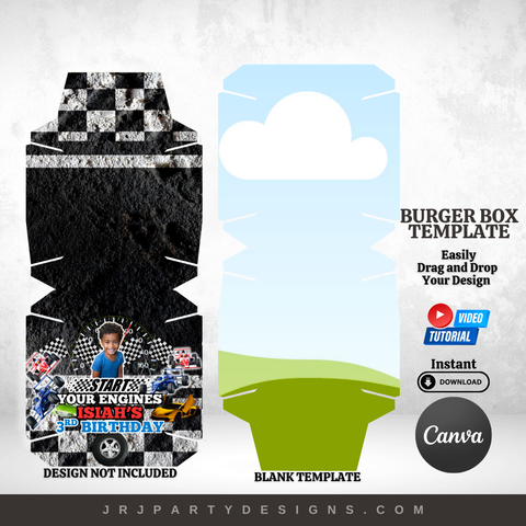 Editable Canva burger box template shown flat and folded, perfect for custom party favors.

DIY printable burger box used for chicken nuggets and sandwiches at a birthday party.

Customizable Canva food box with donut design, ideal for kids’ or adult party tables.

Printable hamburger box template for party planners, shown with vibrant party setup.

Step-by-step video tutorial preview for assembling your DIY custom burger box.