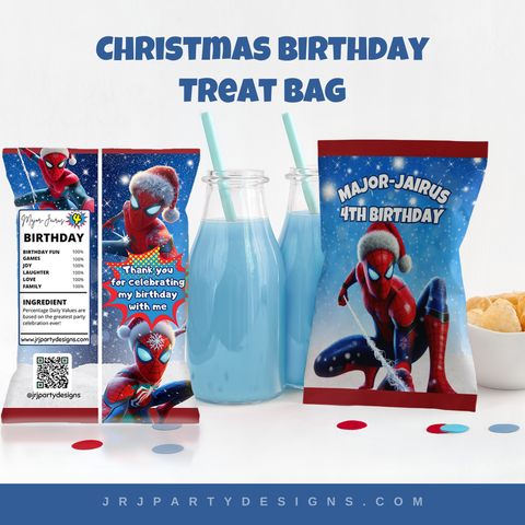 Christmas Spiderman Birthday Chip Bag, Christmas Spiderman Theme, Editable Spiderman Chip Bag