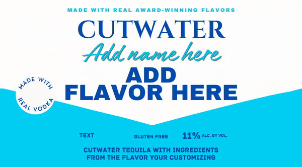 Editable Canva Cutwater label template with drag and drop editing, customizable text, colors, and images for personalized drink can party favors.