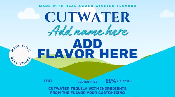 Blank editable Cutwater can label Canva template displayed beside a finished customized drink can label for birthdays, summer parties, pool parties, and party favors.