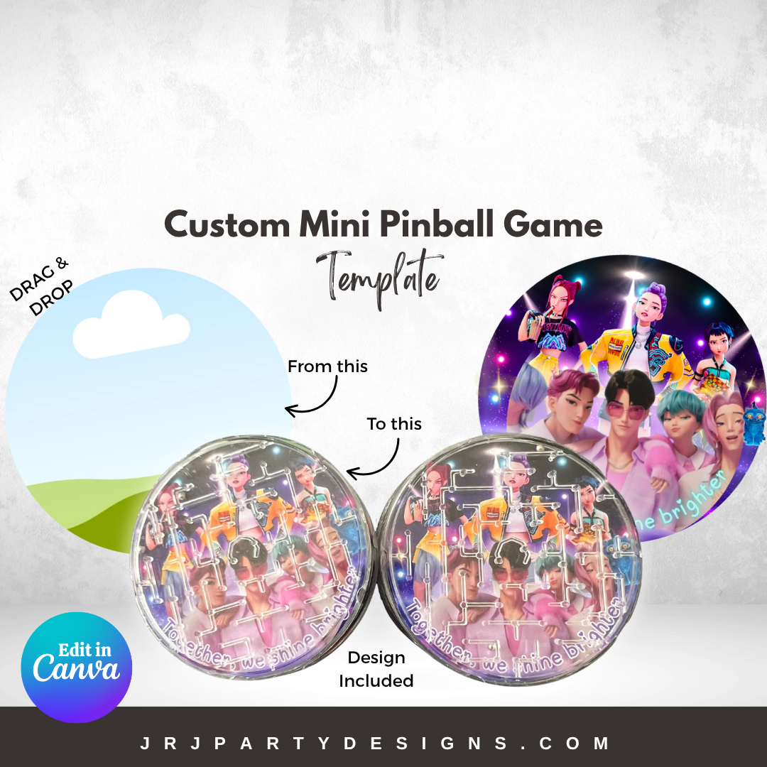 Editable custom mini pinball game Canva template with drag-and-drop design feature.

K-pop inspired editable digital template for DIY party favors and small business packaging.

Canva template showing before and after customization of a mini pinball design.

Editable pinball game insert design example for party or event gifts.