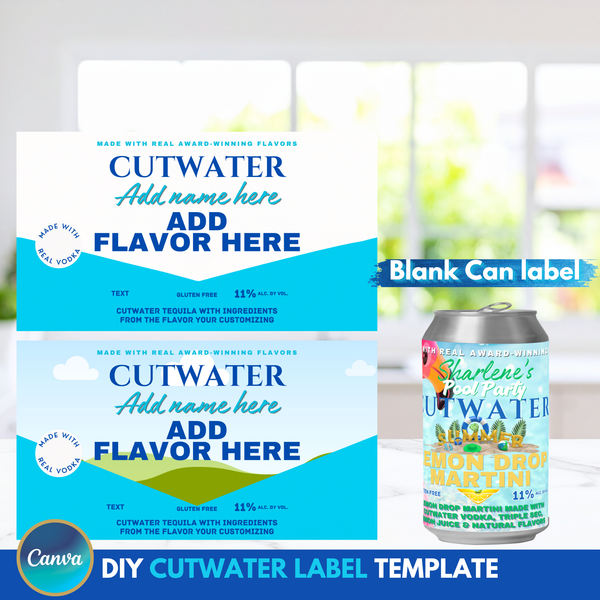 Editable Cutwater can label template for Canva featuring a customizable drink label, drag and drop design, instant digital download, and beginner-friendly party favor template.
