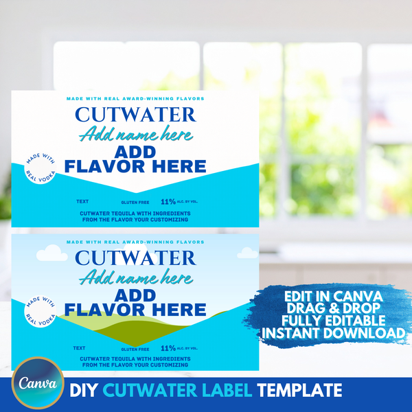 Editable Canva Cutwater label template with drag and drop editing, customizable text, colors, and images for personalized drink can party favors.