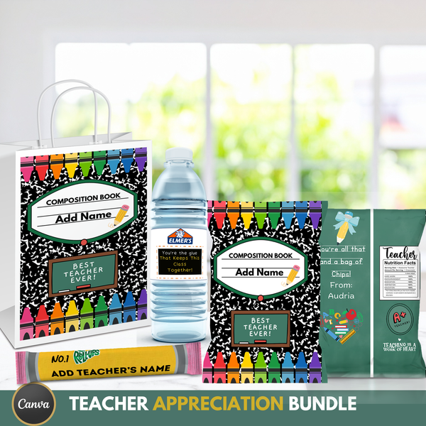 teacher appreciation editable snack bundle template canva chip bag gift bag water bottle label cereal box