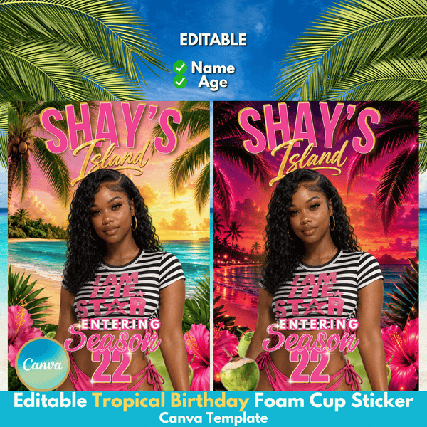 Two tropical birthday foam cup sticker templates side by side, featuring a woman in a black-and-white striped shirt against sunset beach backdrops with palm trees and hibiscus flowers. Text at the top says 'Editable Name Age' and the bottom banner reads 'Editable Tropical Birthday Foam Cup Sticker Canva Template'.