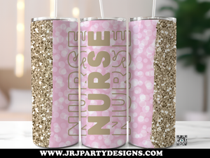 Nurse Tumbler with Straw Pink and Gold Glitter