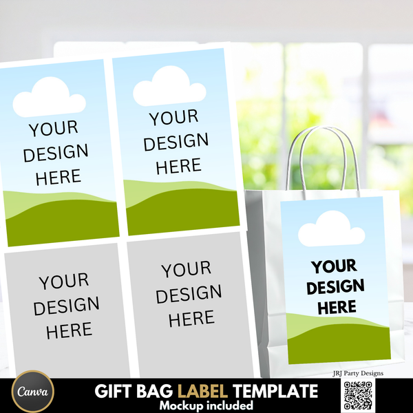 Editable gift bag label template for Canva with mockup preview, two design versions, printable party favor bag label layout for birthdays and events