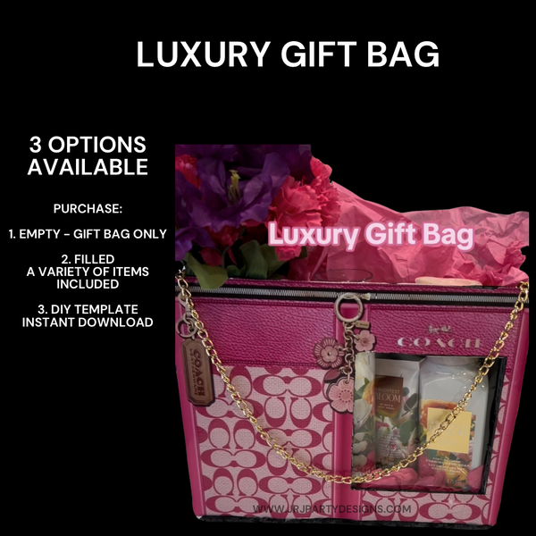 A luxury gift bag with a pink and white design, featuring a Coach handbag and various items inside, displayed next to a '3 Options Available' text.