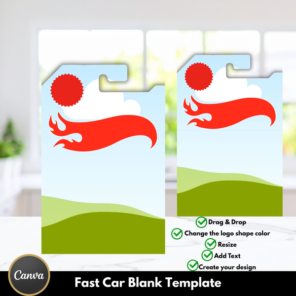 Editable Fast Car blank Canva template for creating custom race car birthday party favor designs.