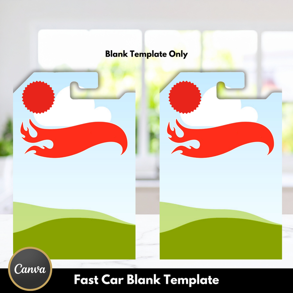 Editable Fast Car blank Canva template for creating custom race car birthday party favor designs.