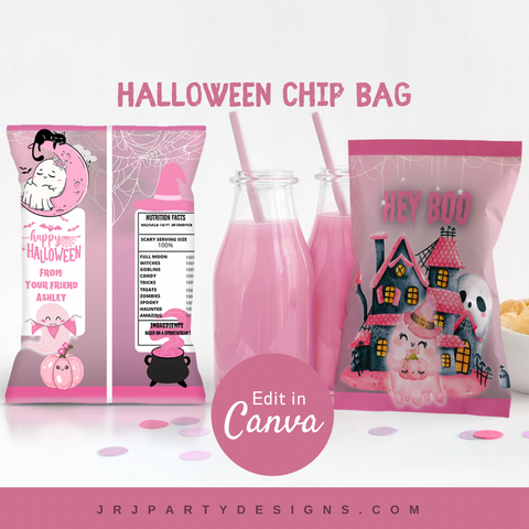 Halloween Birthday Party Decor, Spooky One Halloween, Editable Chip bag label wrapper, Pink Spooktacular Party, Hey Boo Halloween, Halloween Printable