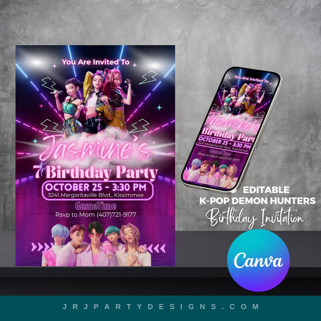 Editable K-Pop Demon Hunters birthday invitation template featuring Huntrix and Saja Boys, customizable in Canva, shown as printable and digital invitation mockup