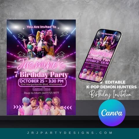 Editable K-Pop Demon Hunters birthday invitation template featuring Huntrix and Saja Boys, customizable in Canva, shown as printable and digital invitation mockup