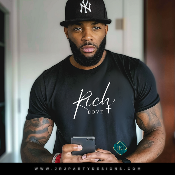 Rich Love black graphic tee with white script design
Christian streetwear t-shirt with God is love message
Minimalist black faith-based unisex t-shirt
Inspirational Rich Love shirt for men and women
Christian graphic tee styled with modern streetwear look