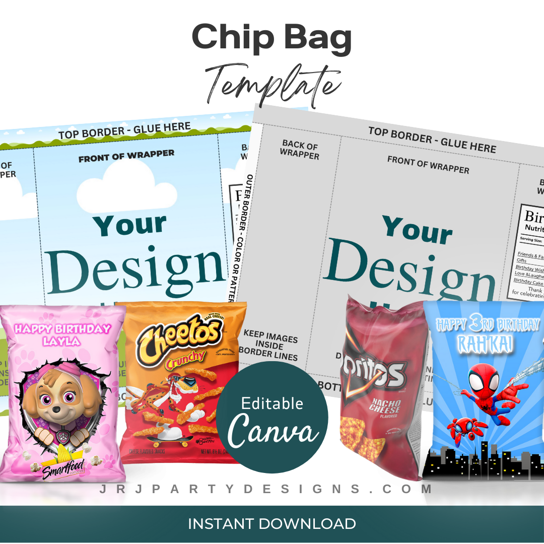 Chip Bag Template, Blank Chip Bag, Chip Bag Template Canva Editable, Chip Bag Label, Party Chip Bag, Chip Bag Editable, Cricut Svg Template,  Party Chip Bag label, Easy Chip Bag Template, DIY enthusiast, professional party planner, birthdays, baby showers, graduation, prom, bridal showers, bachelorette party, corporate events and business branding
