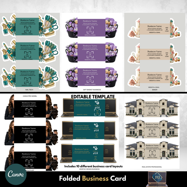 Collection of folded business cards with various designs and Canva branding.