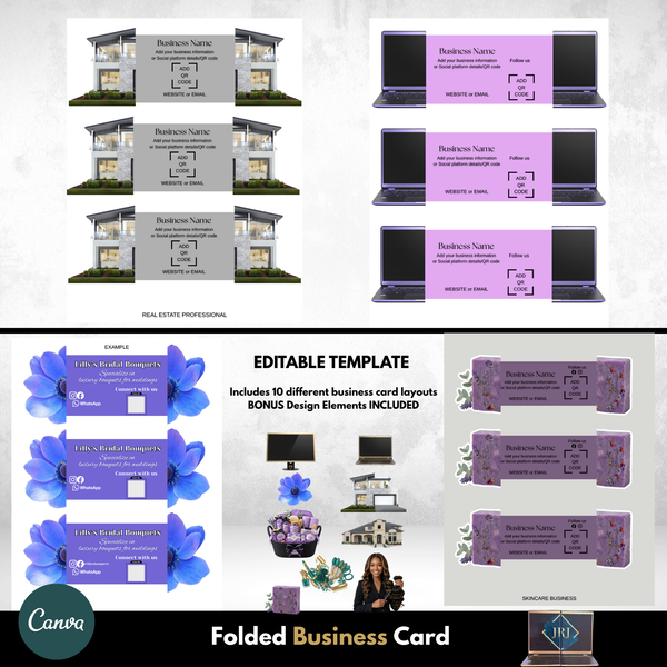 Collage of folded business card templates with various design elements on a white background.